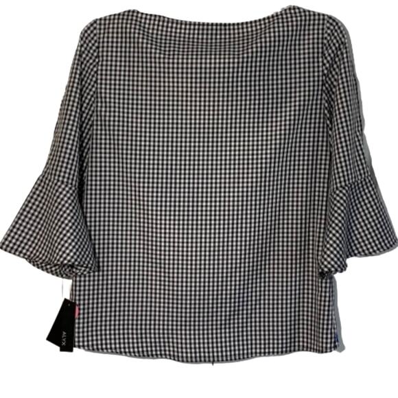 Alyx Blouse Top Black White Blue Floral Check 3/4 Bell Sleeves Blouse Medium NEW - Picture 2 of 9